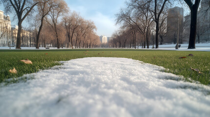 Obraz premium Melting snow on green grass in a city park with bare trees and buildings in the background 