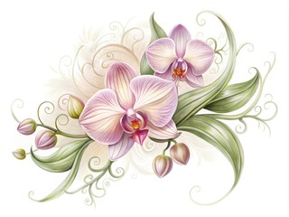 Delicate, hand-drawn illustration of an exotic orchid bloom in soft, muted hues, surrounded by swirling tendrils and leaves, set against a clean white background.