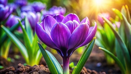 Naklejka premium Beautiful Purple Bulb Flower Blooming in Springtime Garden with Green Leaves and Soft Lighting