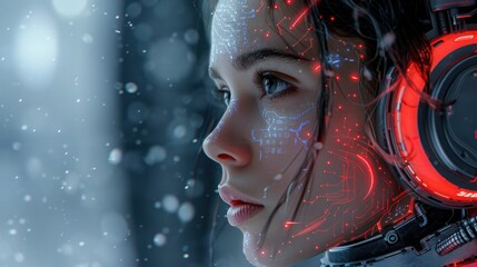 Futuristic Cyberpunk Woman with Intricate Circuit Patterns and Red Elements, Wearing High-tech Headphones and Armor in Industrial Background