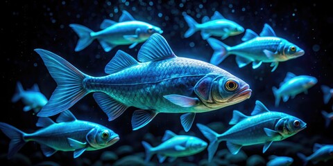 Fototapeta premium Bioluminescent Glow in the Dark Fish Swimming in Mysterious Underwater Environment at Night