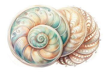 Obraz premium Delicate hand-drawn illustration of a spiral seashell in soft pastel hues on a white background, adorned with gentle swirls and intricate details.