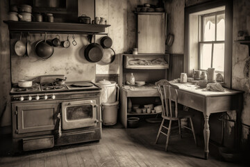 generated illustration of old kitchen utensils in a kitchen