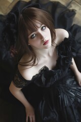 Naklejka premium An elegant woman gazes upward, wearing a black Victorian-style dress with ruffles, highlighting vintage fashion.