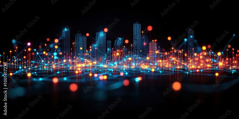 Poster a futuristic cityscape with a network of glowing lines and dots, connecting the buildings and creati