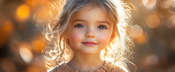 Portrait of a young girl with blonde hair and blue eyes, smiling in the sunlight