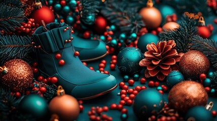 Festive winter boots surrounded by Christmas ornaments and pine branches.