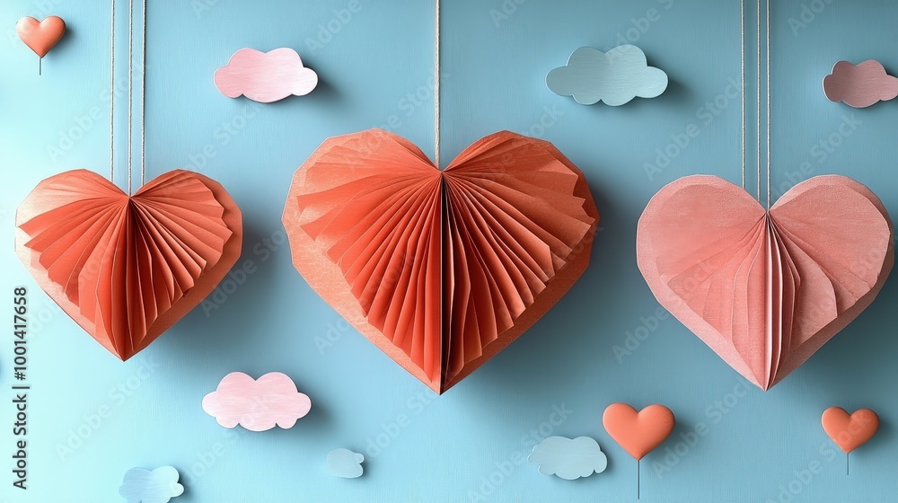 Poster Hanging paper hearts with clouds and strings on a light blue background