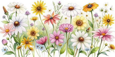 Delicate, hand-drawn illustration of colorful wildflowers, including daisies, cosmos, and black-eyed susans, set against a soft, white background, evoking a sense of whimsical, carefree charm.