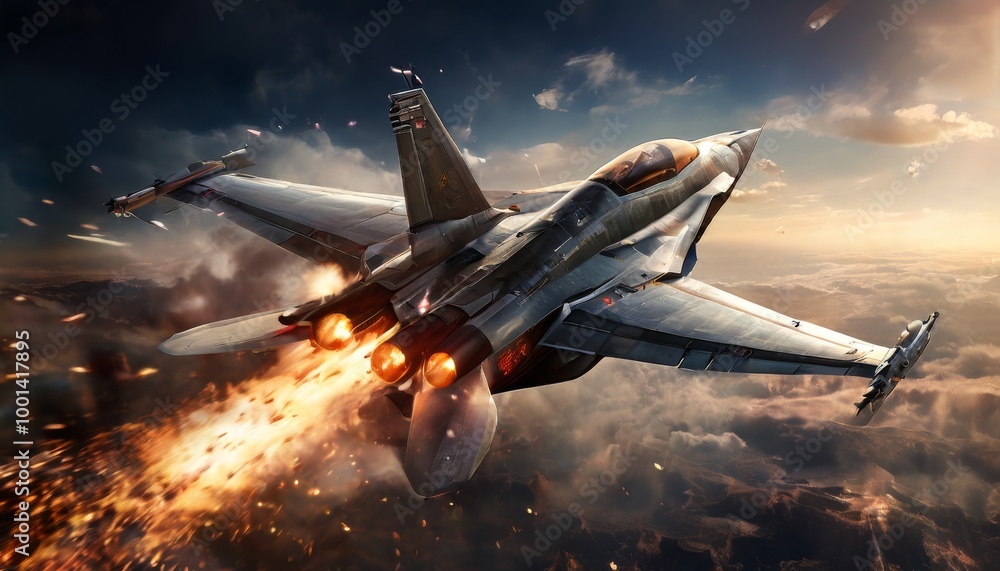 Poster a powerful fighter jet roars through the clouds, with its afterburners blazing in a fiery display. t