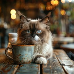 Grumpy Cat Displeased with Morning Coffee on Kitchen Table: Unhappy Face, Negative Emotion, and Tired Mood