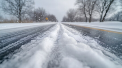 Fototapeta premium Snow-covered road with tire tracks during snowfall 