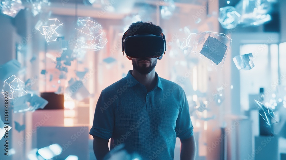 Poster a virtual reality designer exploring a modern studio with floating 3d objects while wearing a vr hea