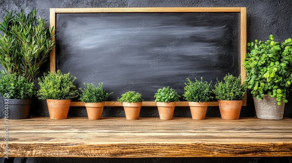 Aufkleber Rustic wooden table with a chalkboard and potted plants, creating a cozy and inviting setting