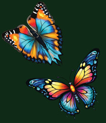 two fine butterflies isolated on dark green