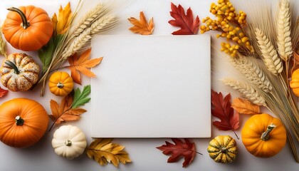 Create a stunning Thanksgiving display with vibrant pumpkins, colorful autumn leaves, and empty space for personal messages in a minimalist flat lay design. Generative AI