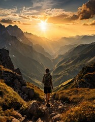 Fototapeta premium A lone hiker stands on a rocky trail, overlooking a breathtaking mountain range bathed in warm sunset light. The dramatic sky and endless layers of peaks create a serene and adventurous atmosphere