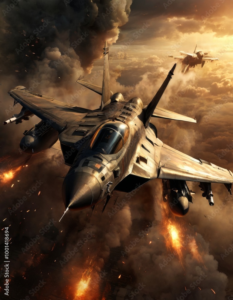 Poster two powerful military fighter jets soar through a fiery sky, engaging in an intense aerial combat. e