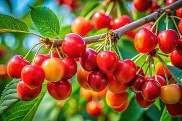 Fototapeta premium Bright and Vibrant Jerusalem Cherry Fruits on a Branch Surrounded by Lush Green Foliage