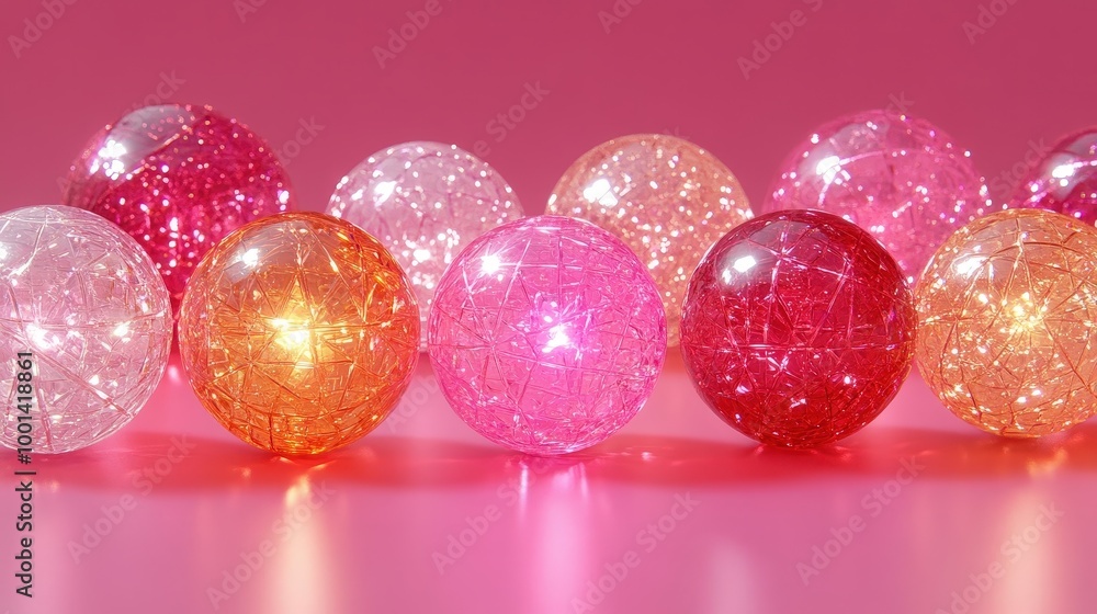 Poster a row of glowing, transparent spheres with intricate patterns, radiating warm light against a vibran