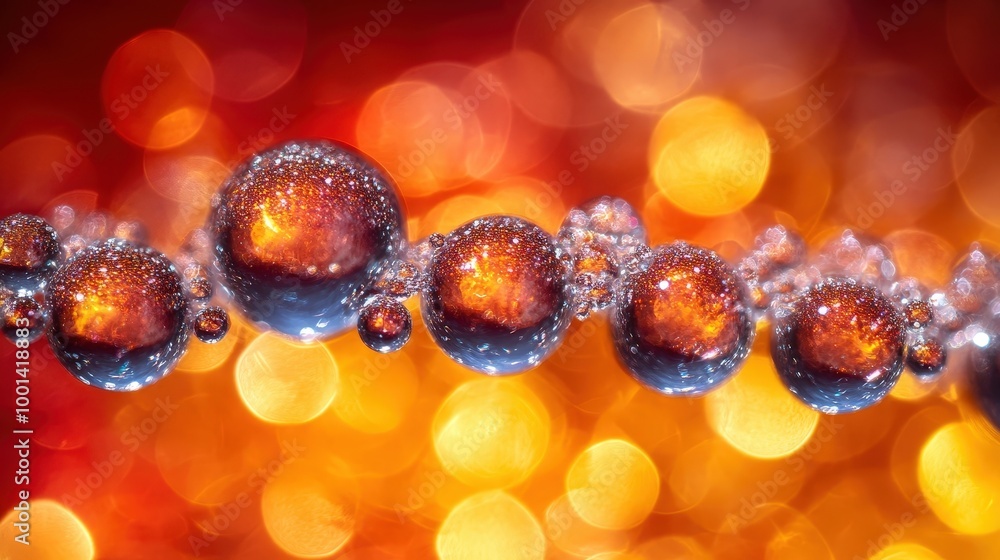 Poster a cluster of iridescent bubbles reflect the warm glow of an out-of-focus background, creating a mesm
