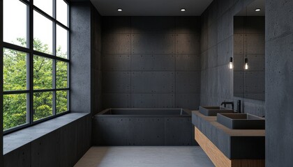 Modern bathroom interior with large windows and minimalist design elements.