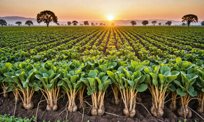 A field of sugar beets grows in rows under the setting sun