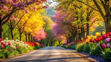 Blurry Spring Road Scene with Vibrant Greenery and Soft Colorful Flowers in a Peaceful Landscape