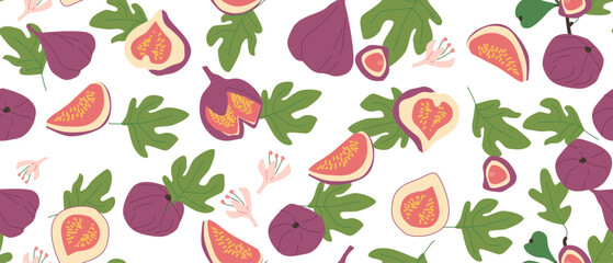 Hand drawn abstract fig pattern with plant parts and sliced food. Seamless pattern for textile, wrapping paper, posters. Fashion textures of fig tree branch.