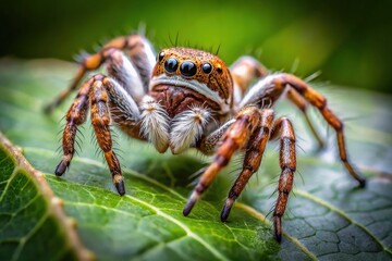 Brown and White Spider Crawling on a Leaf in Natural Habitat with Detailed Macro Photography Shot
