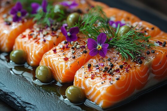 A plate of salmon with a garnish of parsley and olives