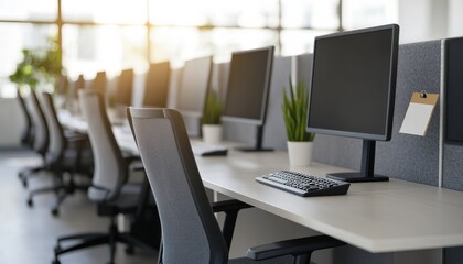 Fototapeta premium Modern office workspace with computers and plants, bright and organized environment.