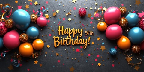 A festive celebration with colorful balloons, confetti, and the words Happy 50th Birthday! written in gold letters on a dark background.