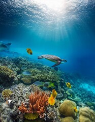Fototapeta premium 透き通る青い海の中、色とりどりのサンゴ礁と魚たちが泳ぐ海底の世界。エメラルドグリーンに輝く水の中はウミガメヤイルカ、カラフルな熱帯魚が潜んで、太陽の光が水面から差し込んで海中