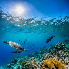 Fototapeta premium 透き通る青い海の中、色とりどりのサンゴ礁と魚たちが泳ぐ海底の世界。エメラルドグリーンに輝く水の中はウミガメヤイルカ、カラフルな熱帯魚が潜んで、太陽の光が水面から差し込んで海中