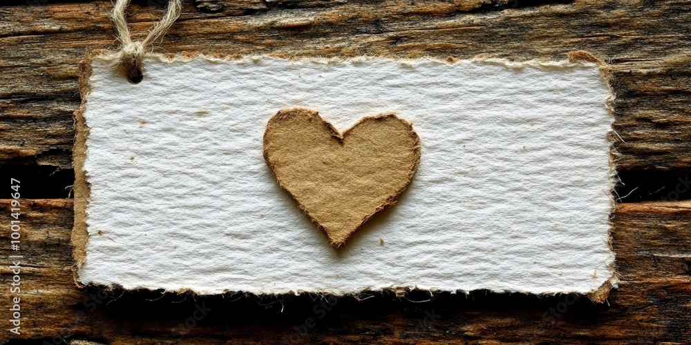 Poster a simple, handmade heart cut out of recycled paper, placed on a rustic wooden surface, creating a he
