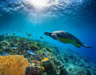 Fototapeta premium 透き通る青い海の中、色とりどりのサンゴ礁と魚たちが泳ぐ海底の世界。エメラルドグリーンに輝く水の中はウミガメヤイルカ、カラフルな熱帯魚が潜んで、太陽の光が水面から差し込んで海中