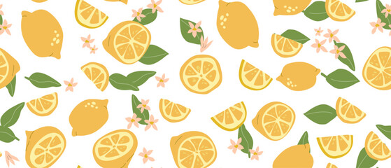 Hand drawn abstract lemon fruit pattern with plant parts and sliced food. Seamless pattern with lemon for textile, wrapping paper, posters. Fashion textures of citrus fruit.
