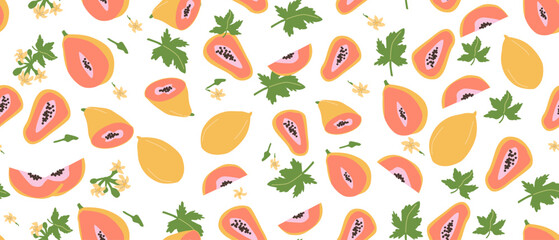 Hand drawn abstract papaya fruit pattern with plant parts and sliced food. Seamless pattern with papaya for textile, wrapping paper, posters. Fashion textures.
