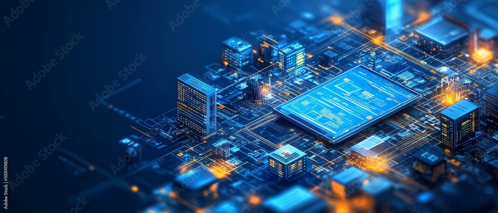Poster a vibrant, high-tech image depicts a close-up view of a circuit board with glowing components, empha