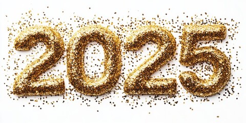 Happy New Year 2025: Golden Glitter Numbers on White Background