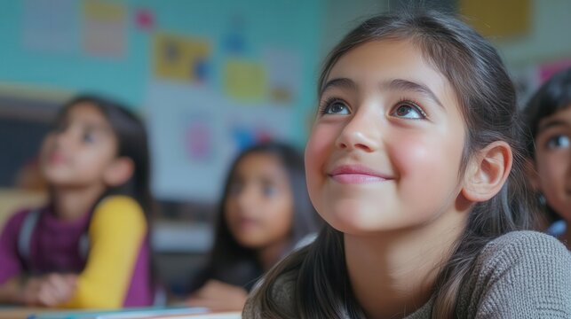 Illustrate a close-up view of a teacher explaining a concept in both languages with enthusiasm in a bilingual education classroom Show students looking attentive and engaged