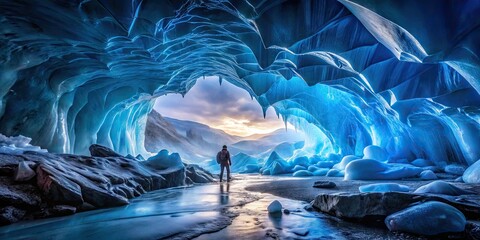 Breathtaking Ice Cave Panorama with Stunning Blue Ice Formations and Ethereal Lighting Effects