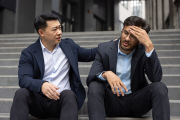Business professional offering support to stressed colleague. Two men sit on office steps, one...