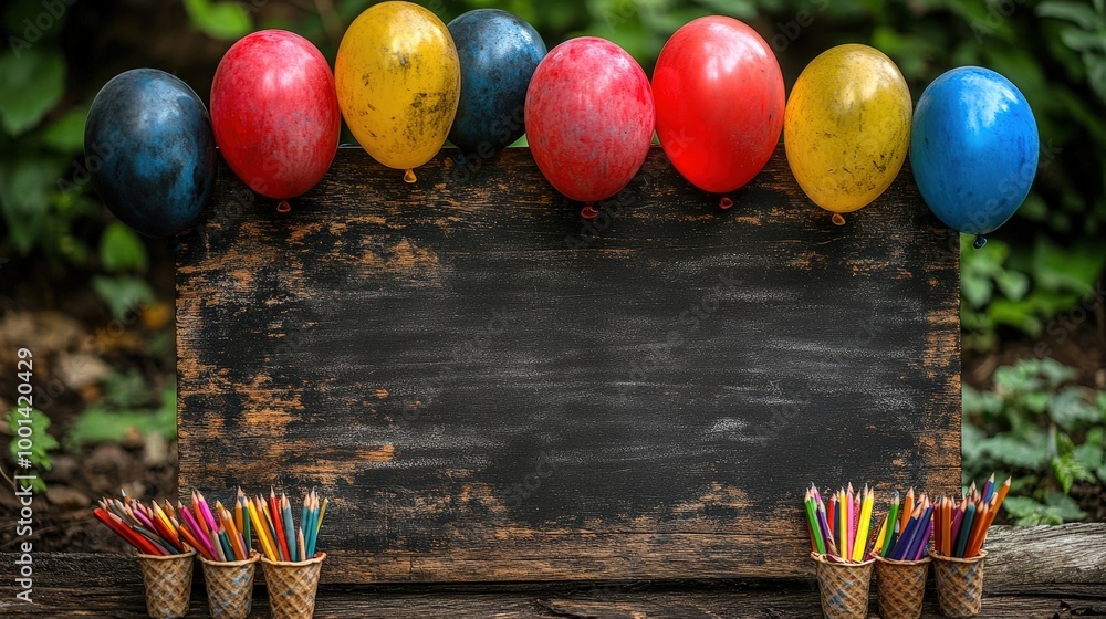 Aufkleber a black chalkboard with a rustic wooden frame surrounded by colorful balloons and pencils on a woode