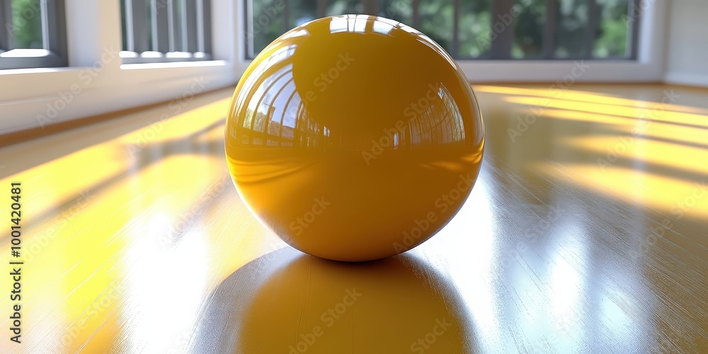 Fototapete a spherical object with a highly reflective surface rests on a polished wooden floor, bathed in soft