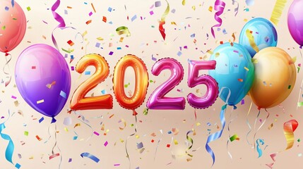 "2025" New Year with bright ribbons and balloons on a beige background