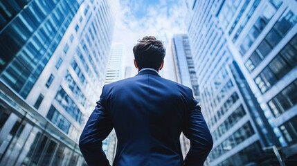 Naklejka na ściany i meble Businessman in Formal Suit Against City Skyline