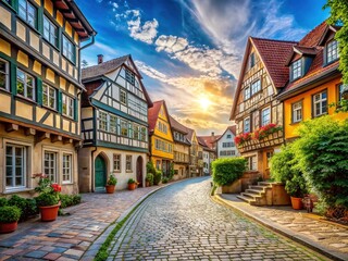 Obraz premium Charming German Street Scene with Traditional Architecture and Cobblestone Pathway Under Blue Sky