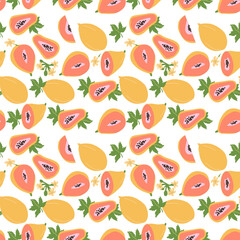 Hand drawn abstract papaya fruit pattern with plant parts and sliced food. Seamless pattern with papaya for textile, wrapping paper, posters. Fashion textures.